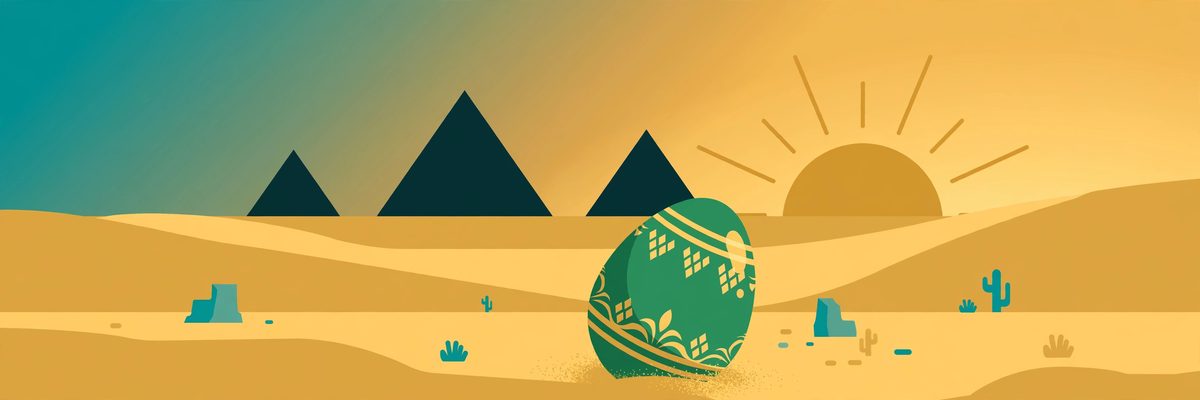 A decorated green egg in a desert with pyramids — breeding Anubis in Palworld
